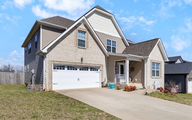 traditional home with driveway, a shingled roof, a front lawn, and fence