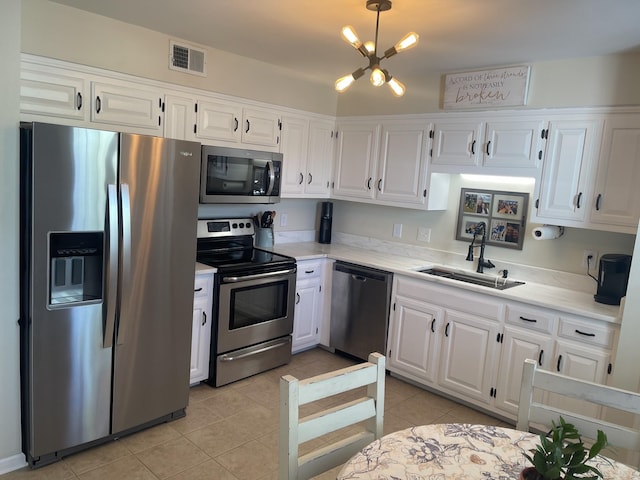 kitchen featuring visible vents, appliances with stainless steel finishes, white cabinetry, and a sink