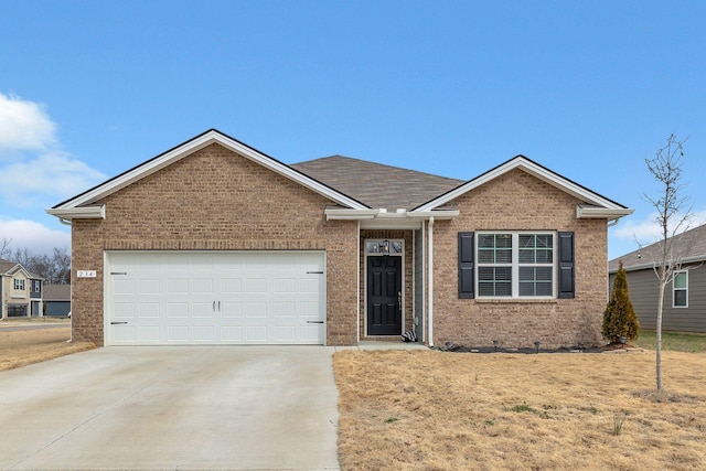 ranch-style home with an attached garage, brick siding, driveway, and roof with shingles