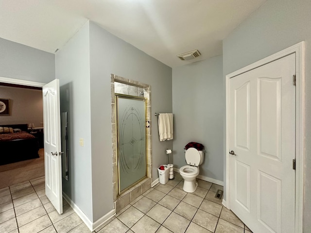 full bathroom featuring tile patterned floors, visible vents, a stall shower, and toilet