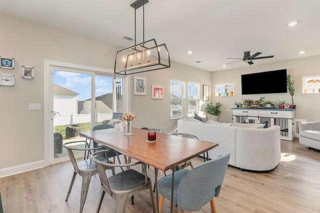 dining space with visible vents, baseboards, recessed lighting, ceiling fan, and light wood-type flooring