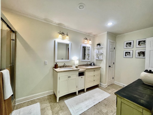 full bath with tile patterned flooring, a shower stall, crown molding, baseboards, and vanity