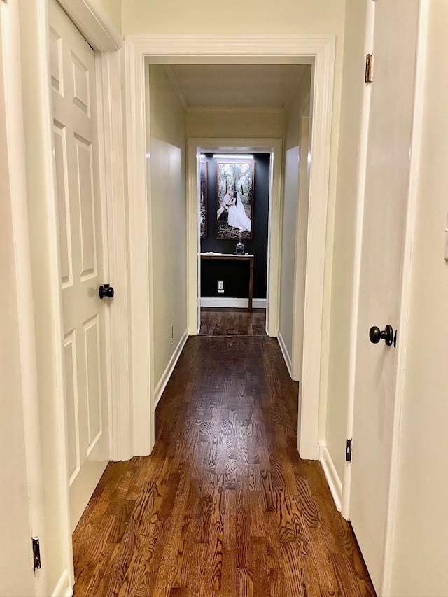 hallway with dark wood finished floors and baseboards