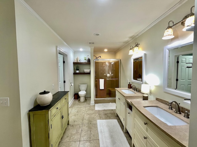 bathroom featuring vanity, crown molding, toilet, and a stall shower