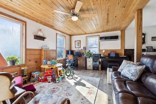 living room featuring wooden ceiling, wooden walls, wood finished floors, and wainscoting