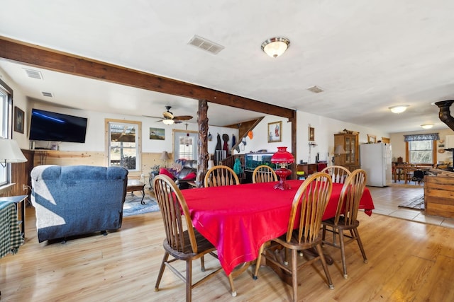 dining area with visible vents, light wood-style flooring, beamed ceiling, and a wainscoted wall