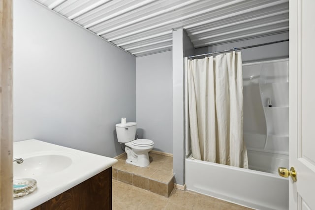 bathroom featuring vanity, toilet, shower / tub combo with curtain, and tile patterned flooring