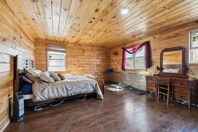 bedroom featuring wooden walls, wooden ceiling, and wood finished floors