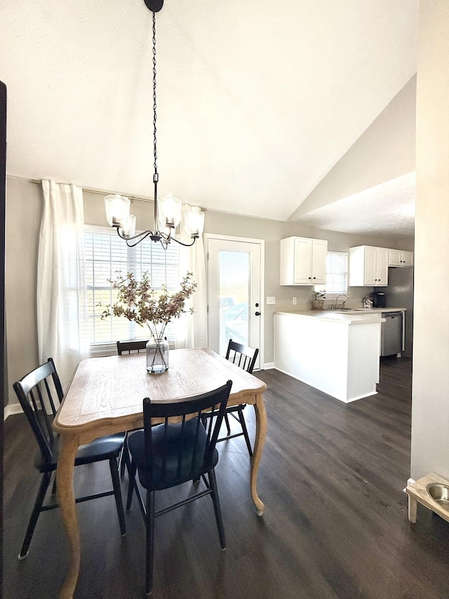 dining room with a notable chandelier, vaulted ceiling, baseboards, and dark wood-style flooring