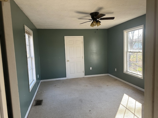 carpeted spare room with a wealth of natural light, a textured ceiling, and baseboards