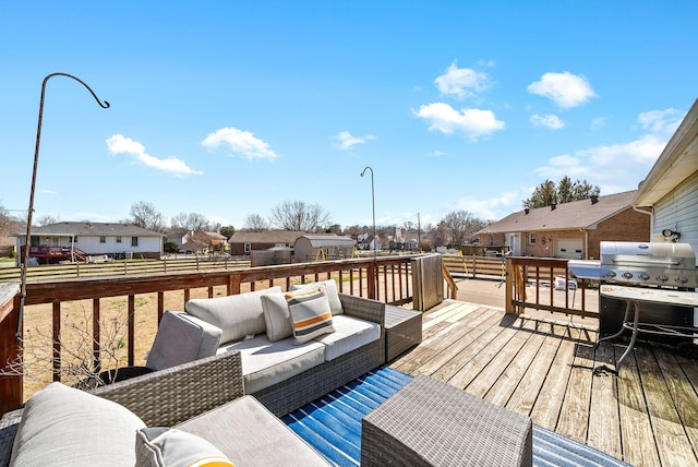 wooden terrace featuring a residential view and outdoor lounge area