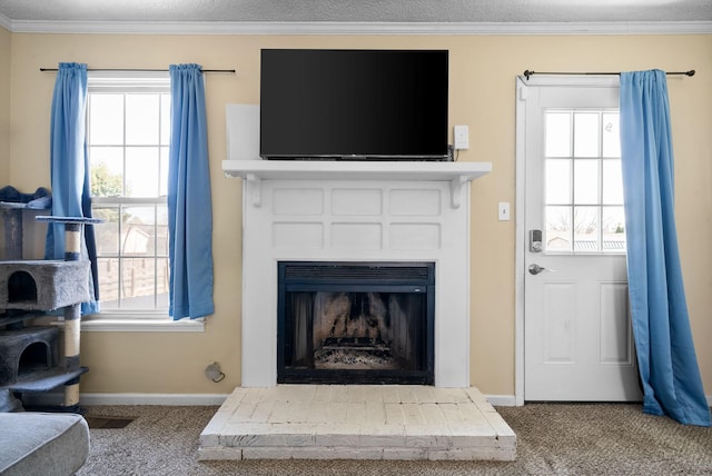 carpeted living room featuring baseboards, a fireplace with raised hearth, ornamental molding, and a healthy amount of sunlight