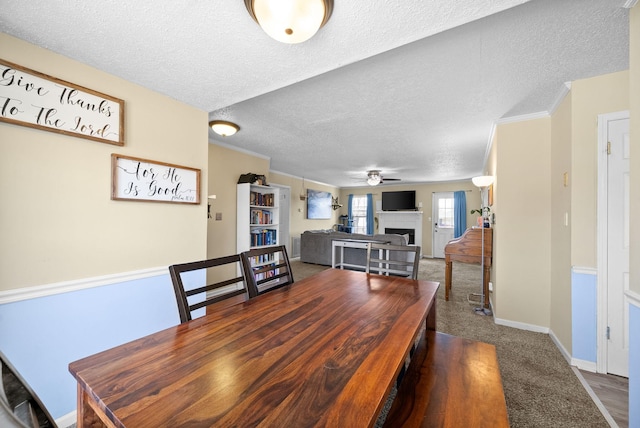 dining space with crown molding, carpet flooring, a fireplace, a textured ceiling, and a ceiling fan