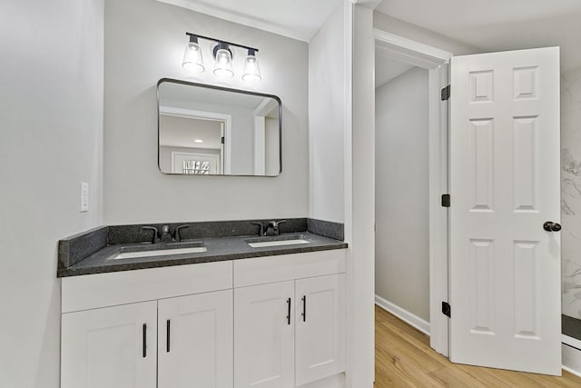 bathroom featuring a sink, baseboards, wood finished floors, and double vanity