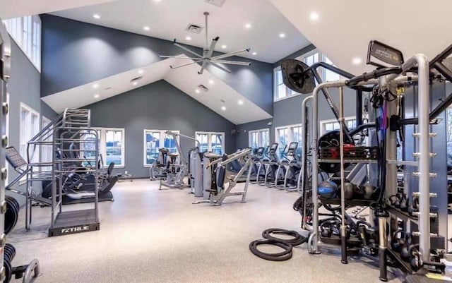 gym featuring high vaulted ceiling, recessed lighting, and a ceiling fan