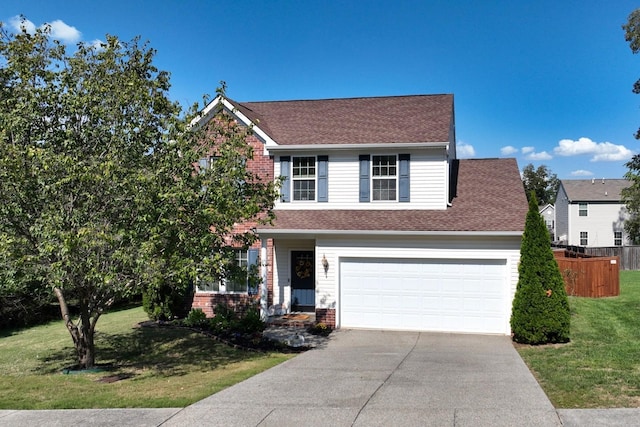 view of front of house featuring fence, concrete driveway, a front yard, a garage, and brick siding