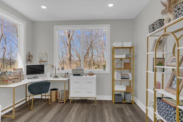 office space with recessed lighting, baseboards, and dark wood-type flooring