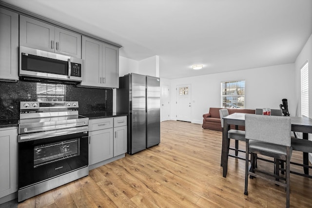 kitchen featuring backsplash, light wood-style floors, appliances with stainless steel finishes, and gray cabinetry