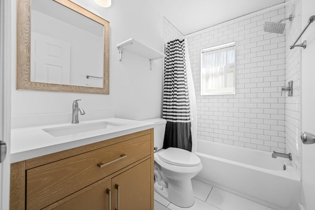 full bathroom with vanity, tile patterned floors, toilet, and shower / bath combo with shower curtain