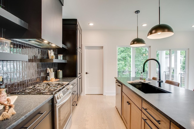 kitchen with a sink, light wood-style floors, appliances with stainless steel finishes, wall chimney range hood, and tasteful backsplash