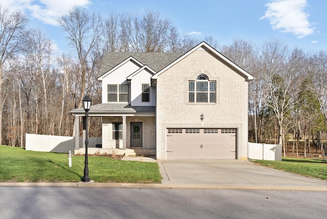 traditional-style home with brick siding, fence, and board and batten siding