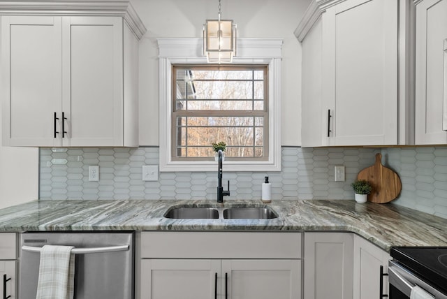 kitchen with a sink, tasteful backsplash, stainless steel dishwasher, and white cabinetry