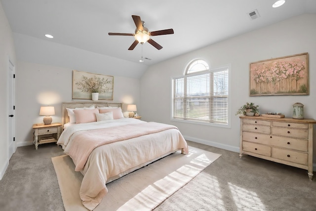 carpeted bedroom with visible vents, ceiling fan, baseboards, lofted ceiling, and recessed lighting