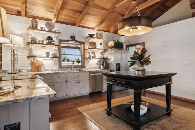 kitchen featuring open shelves, lofted ceiling with beams, a sink, stainless steel appliances, and wooden ceiling