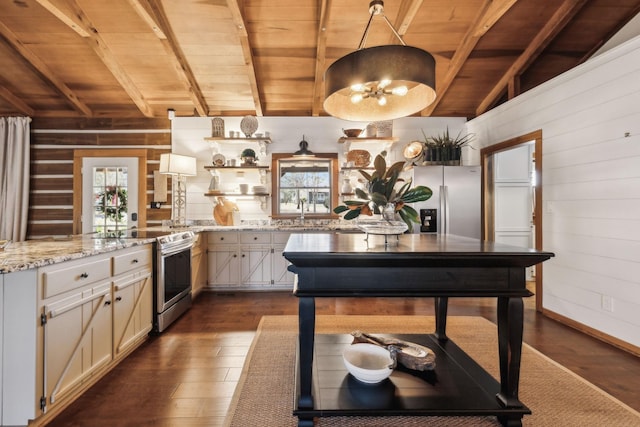 kitchen featuring appliances with stainless steel finishes, wood ceiling, and dark wood-type flooring