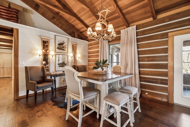 dining room featuring wood walls, wood ceiling, lofted ceiling with beams, an inviting chandelier, and hardwood / wood-style flooring