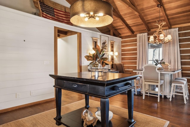 dining space with vaulted ceiling with beams, wood walls, wooden ceiling, an inviting chandelier, and wood finished floors