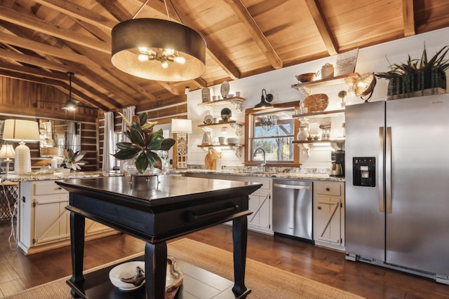 kitchen featuring wood ceiling, open shelves, appliances with stainless steel finishes, and vaulted ceiling with beams