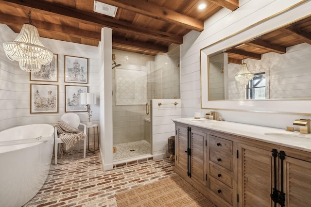 full bath featuring a shower stall, a notable chandelier, and wood ceiling