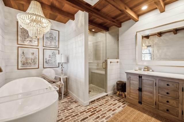 full bath featuring vanity, a soaking tub, brick floor, a shower stall, and wooden ceiling