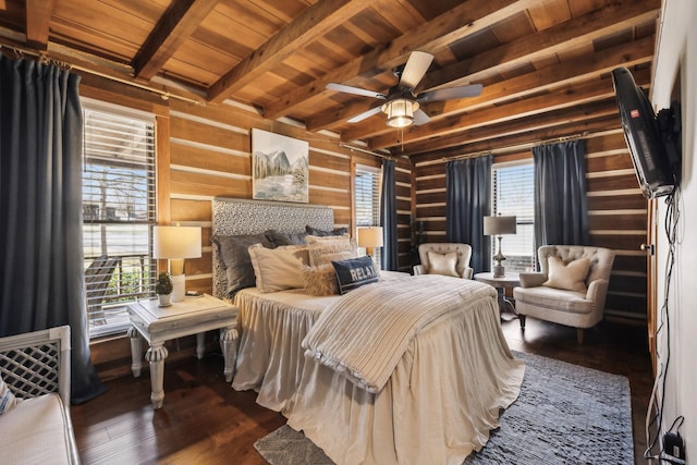 bedroom featuring beamed ceiling, wooden walls, wood ceiling, and wood finished floors