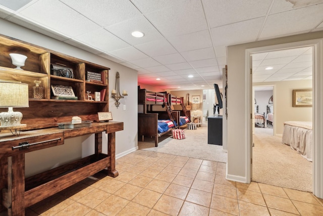 home office featuring light tile patterned floors, baseboards, light carpet, and recessed lighting
