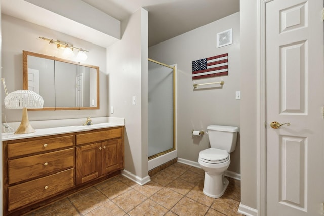bathroom featuring vanity, toilet, visible vents, and a stall shower