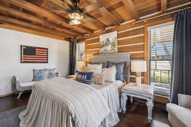 bedroom featuring beamed ceiling, wooden ceiling, and wood finished floors
