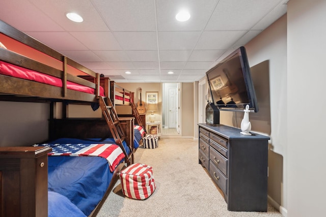 carpeted bedroom with recessed lighting and baseboards
