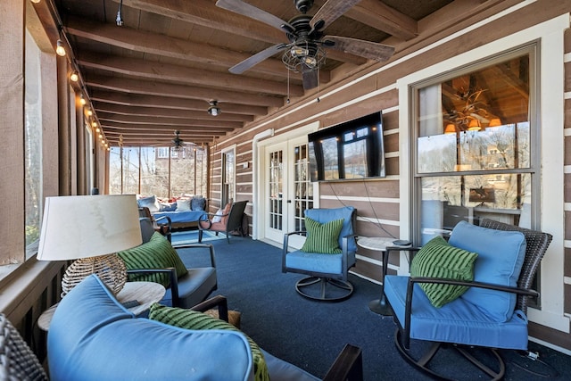 view of patio featuring an outdoor hangout area, french doors, and ceiling fan