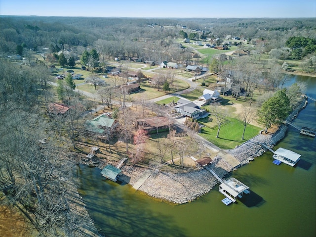 aerial view with a water view and a view of trees