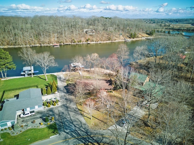 drone / aerial view featuring a wooded view and a water view