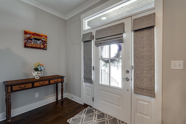 entryway with baseboards, ornamental molding, and dark wood-style flooring