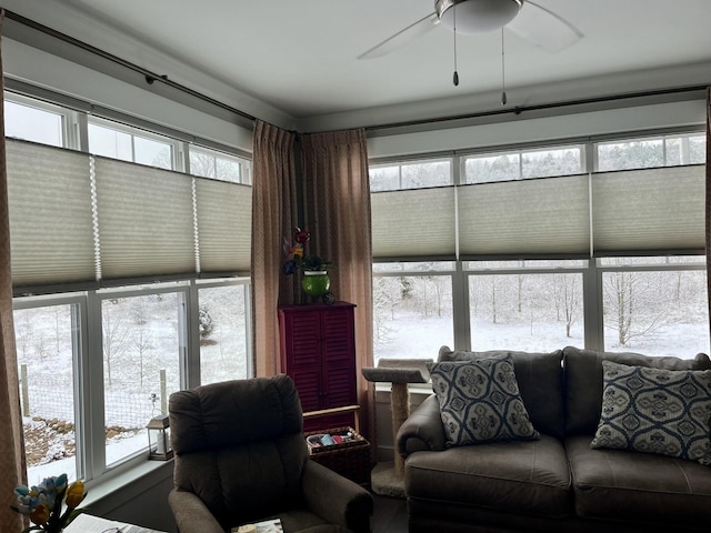 living room featuring a wealth of natural light and a ceiling fan