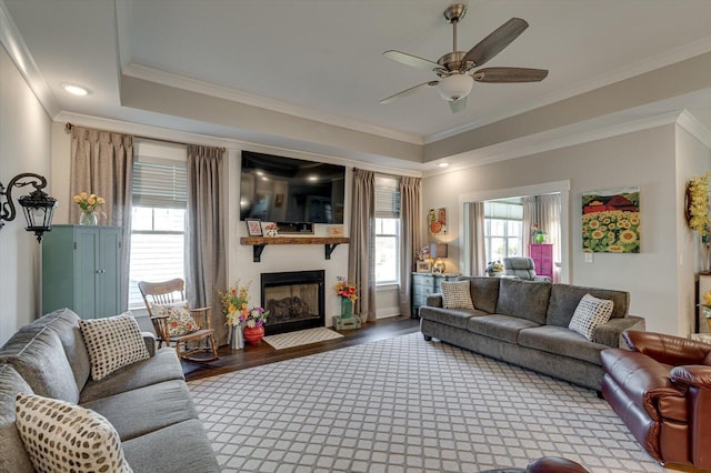 living room with a large fireplace, wood finished floors, a ceiling fan, and ornamental molding