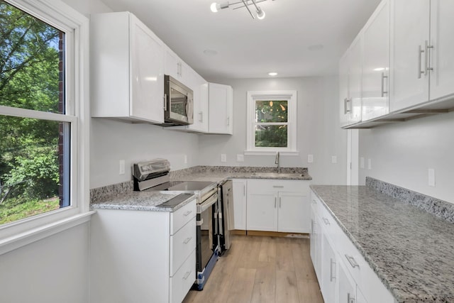 kitchen featuring a sink, stainless steel appliances, a healthy amount of sunlight, and light wood-style flooring