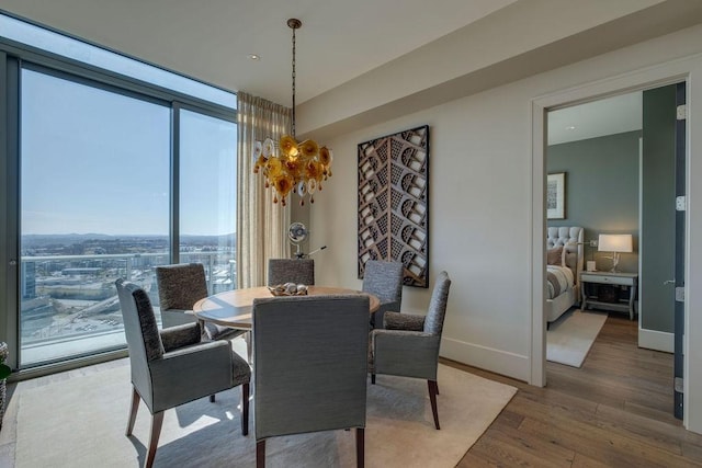 dining space featuring expansive windows, baseboards, and wood finished floors