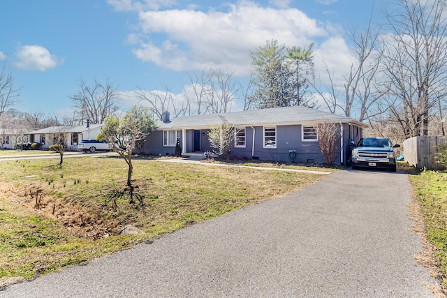 ranch-style home with crawl space, driveway, a front yard, and fence