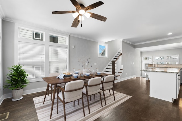 dining room featuring crown molding, stairway, baseboards, and dark wood-style flooring