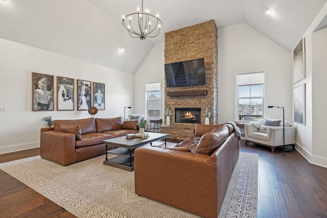 living area with high vaulted ceiling and dark wood-type flooring